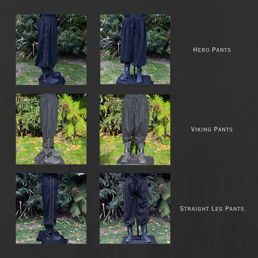 Viking style LARP pants front view in garden setting with foliage.