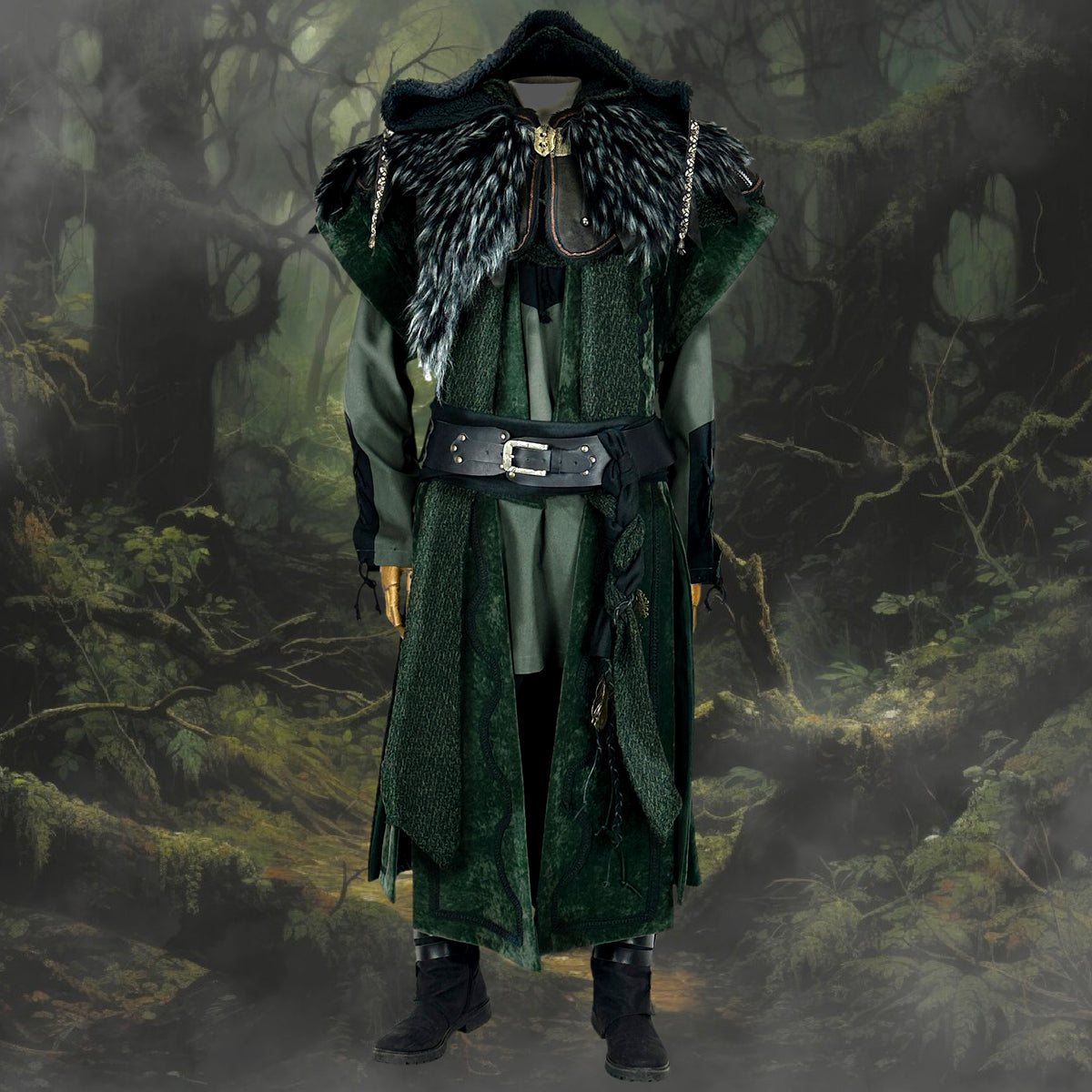 Dark green medieval LARP outfit with fur-trimmed hood.
