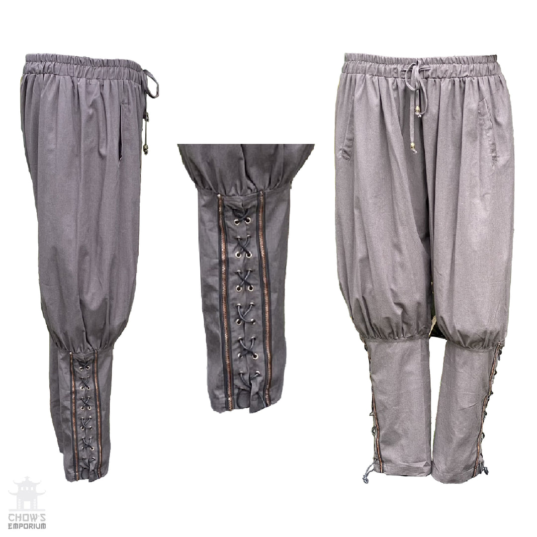 grey cotton trousers with viking braiding detail for LARP.