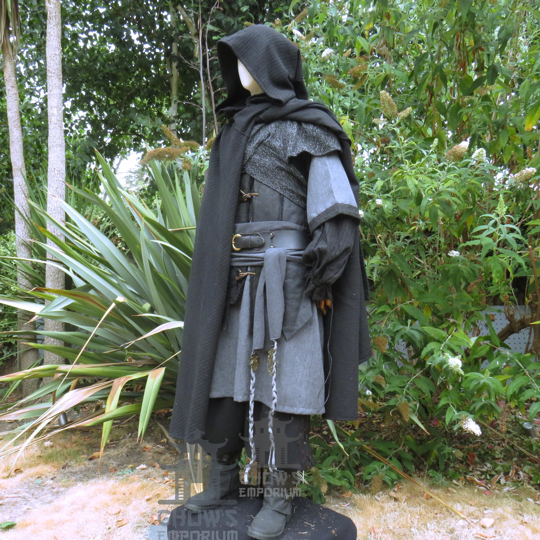 Ashen Rogue LARP Outfit, 5+ Pieces (Waistcoat, Tunic, Hood, Sash, Necklace)