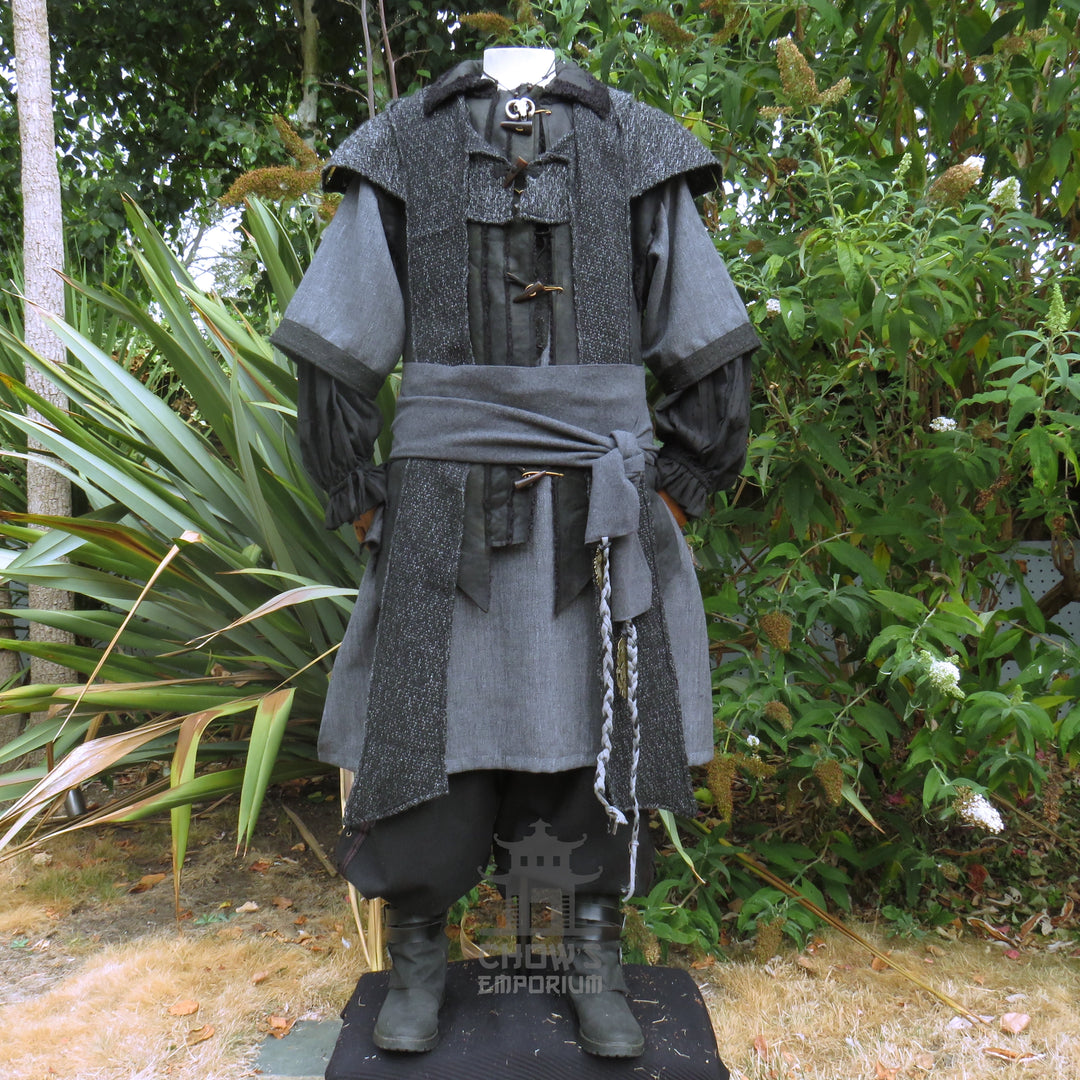 Ashen Rogue LARP Outfit, 5+ Pieces (Waistcoat, Tunic, Hood, Sash, Necklace)