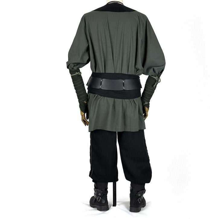 Medieval LARP outfit back view, featuring a green and black viking tunic, arm wraps, trousers.