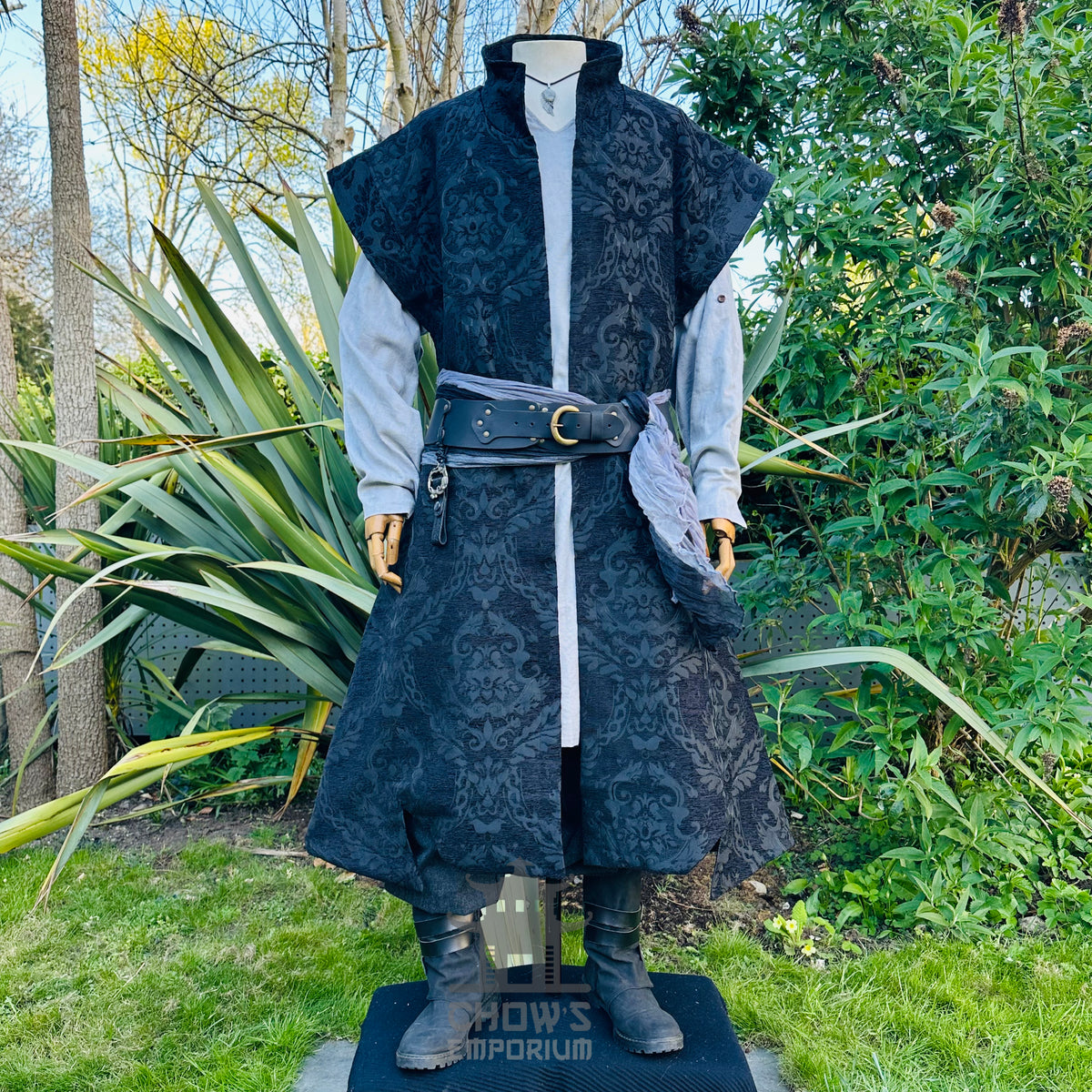 Black warlock and noble LARP outfit, brocade waistcoat and tailcoat over a grey tunic, front view