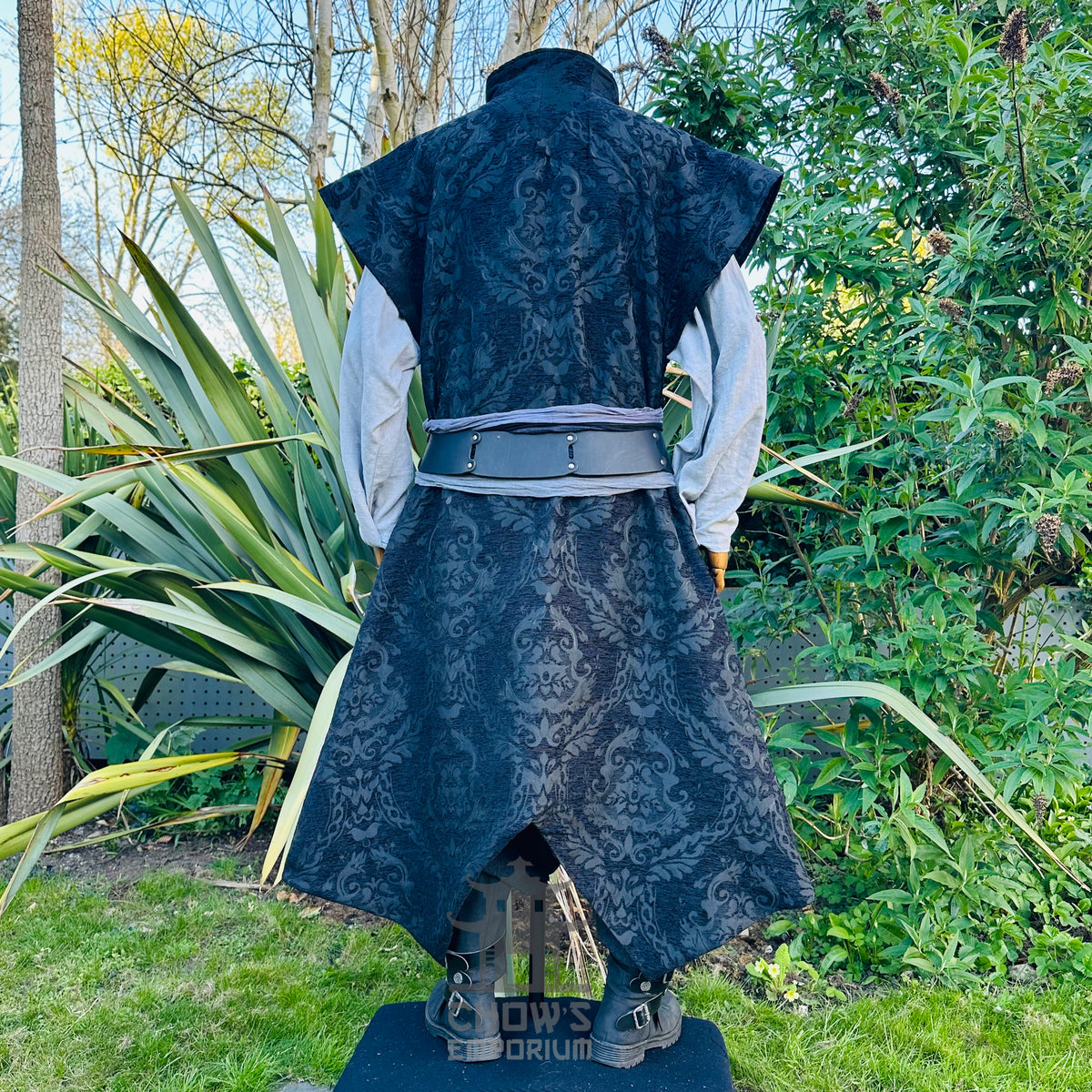 Back view of the black brocade waistcoat and tailcoat outfit