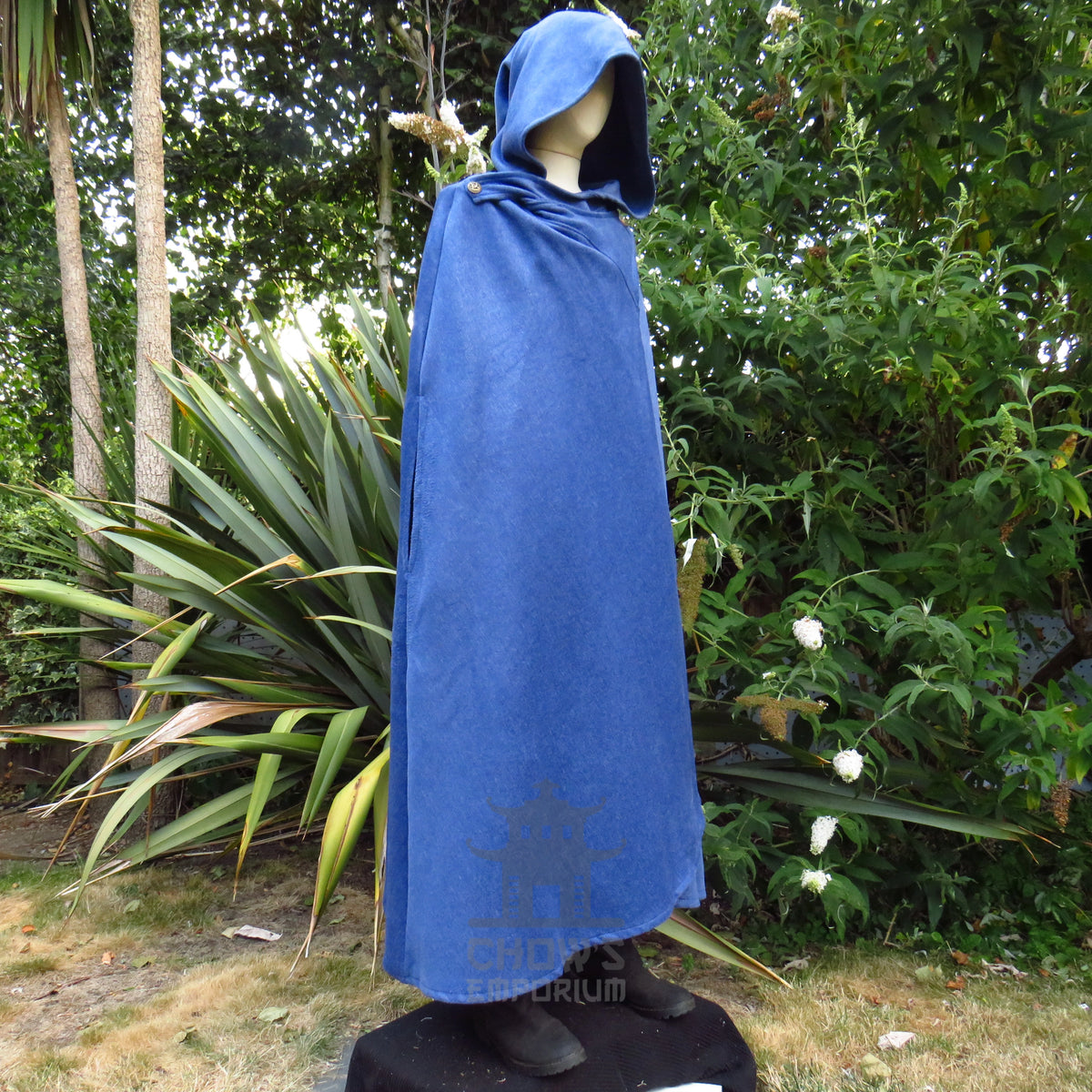 Full-length blue medieval cloak hanging to 49in from the shoulder, hood raised