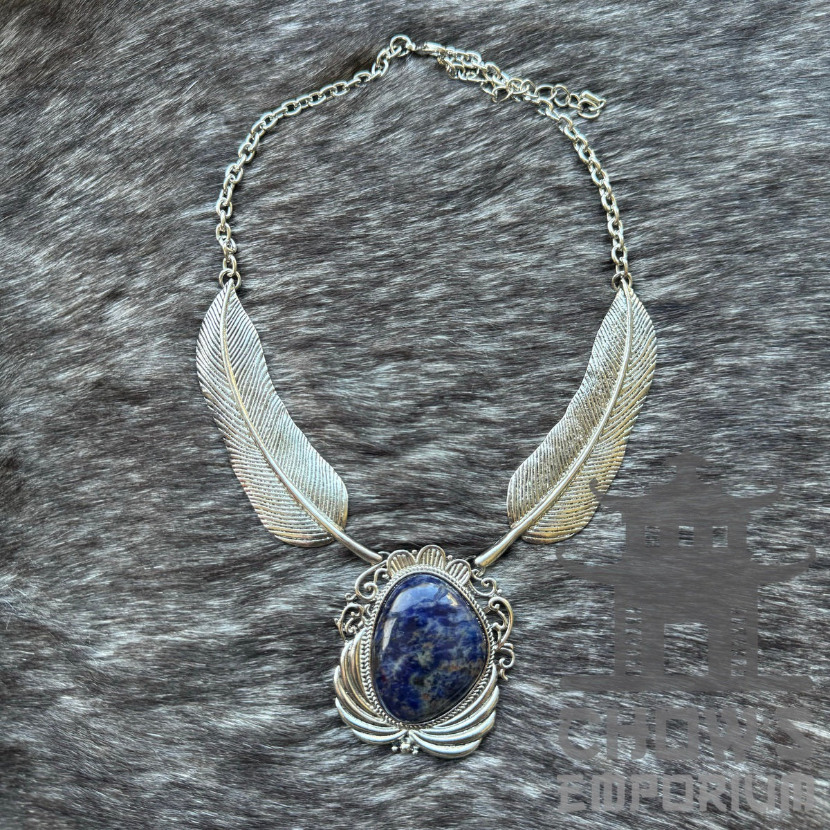 Lapis lazuli and feather necklace on adjustable cord, part of the Cerulean Sorcerer outfit set
