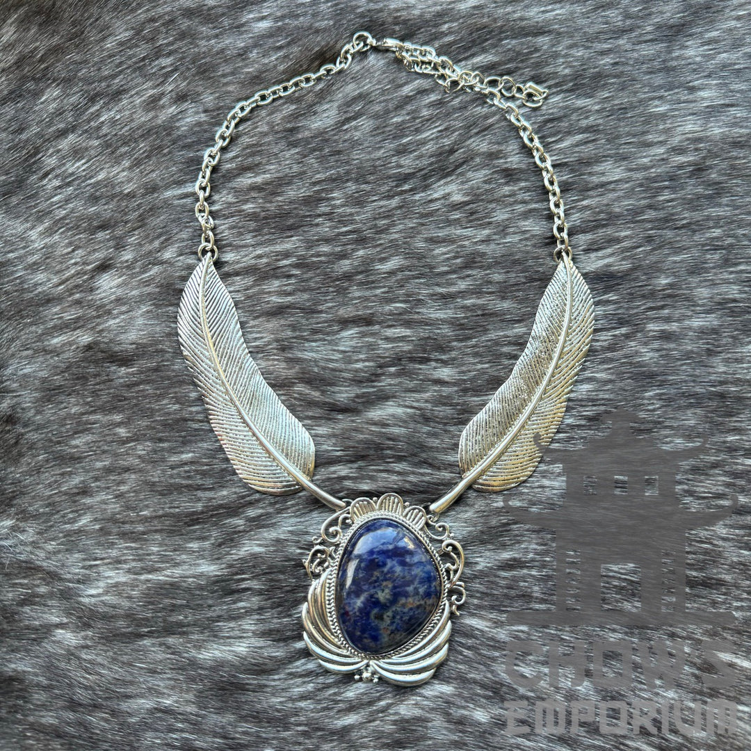 Lapis lazuli and feather necklace on adjustable cord, part of the Cerulean Sorcerer outfit set
