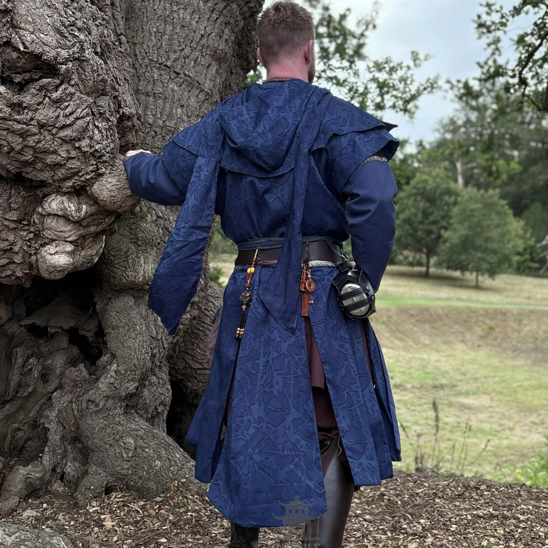 Blue Panelled Waistcoat &amp; Hood LARP Set, 2 Pieces (Waistcoat &amp; Scarf Hood)