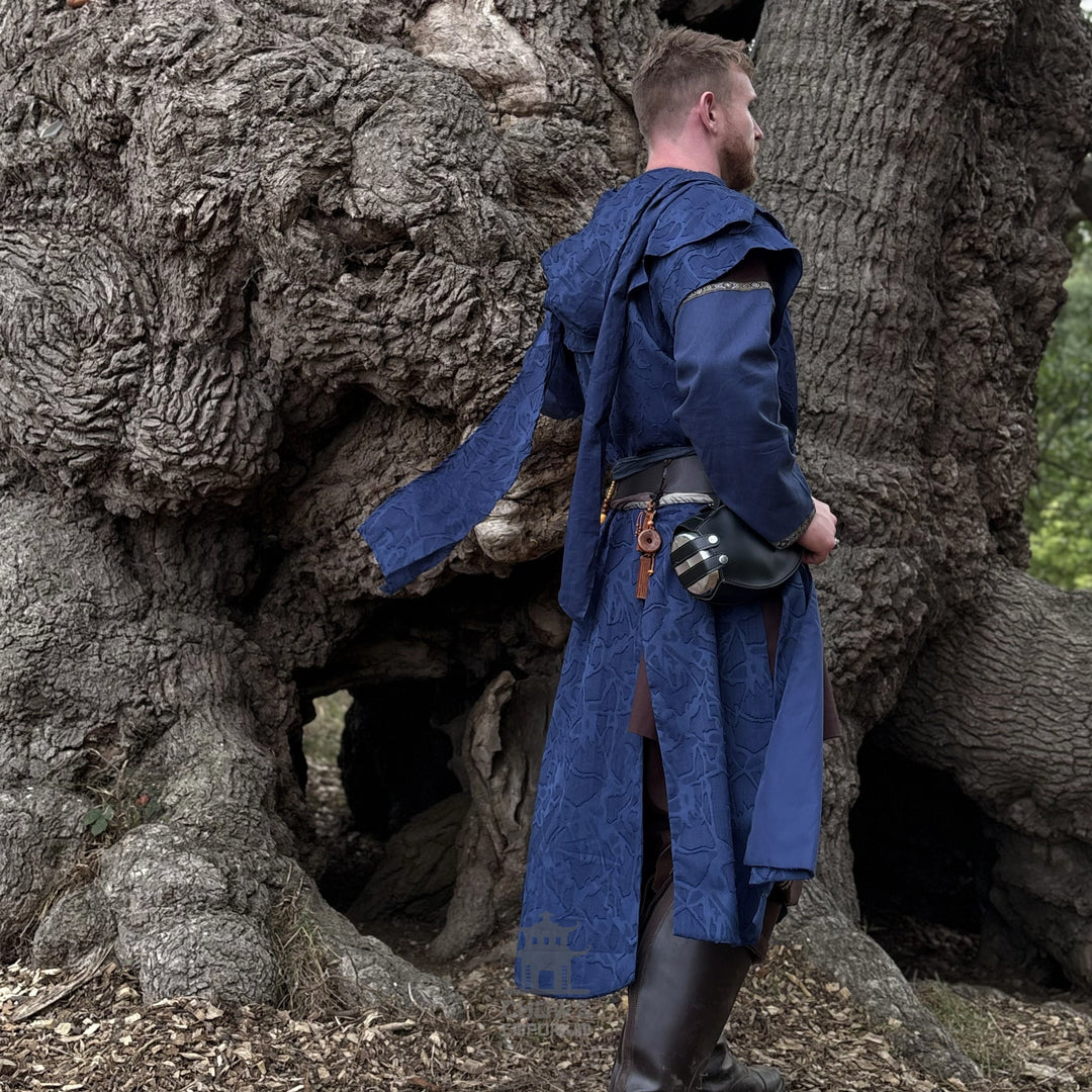 Blue Panelled Waistcoat &amp; Hood LARP Set, 2 Pieces (Waistcoat &amp; Scarf Hood)