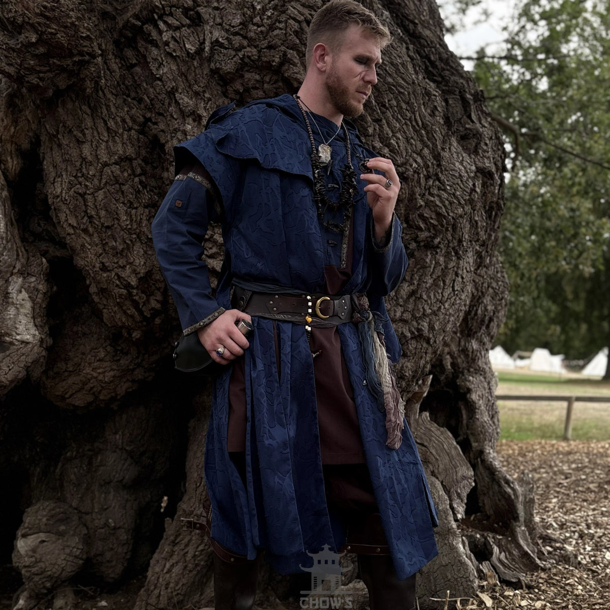 Blue Panelled Waistcoat &amp; Hood LARP Set, 2 Pieces (Waistcoat &amp; Scarf Hood)
