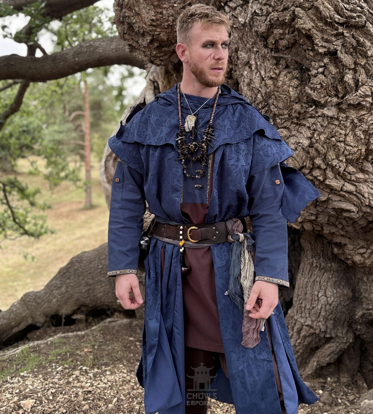 Blue Panelled Waistcoat &amp; Hood LARP Set, 2 Pieces (Waistcoat &amp; Scarf Hood)