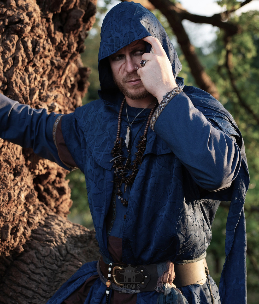 Blue Panelled Waistcoat &amp; Hood LARP Set, 2 Pieces (Waistcoat &amp; Scarf Hood)