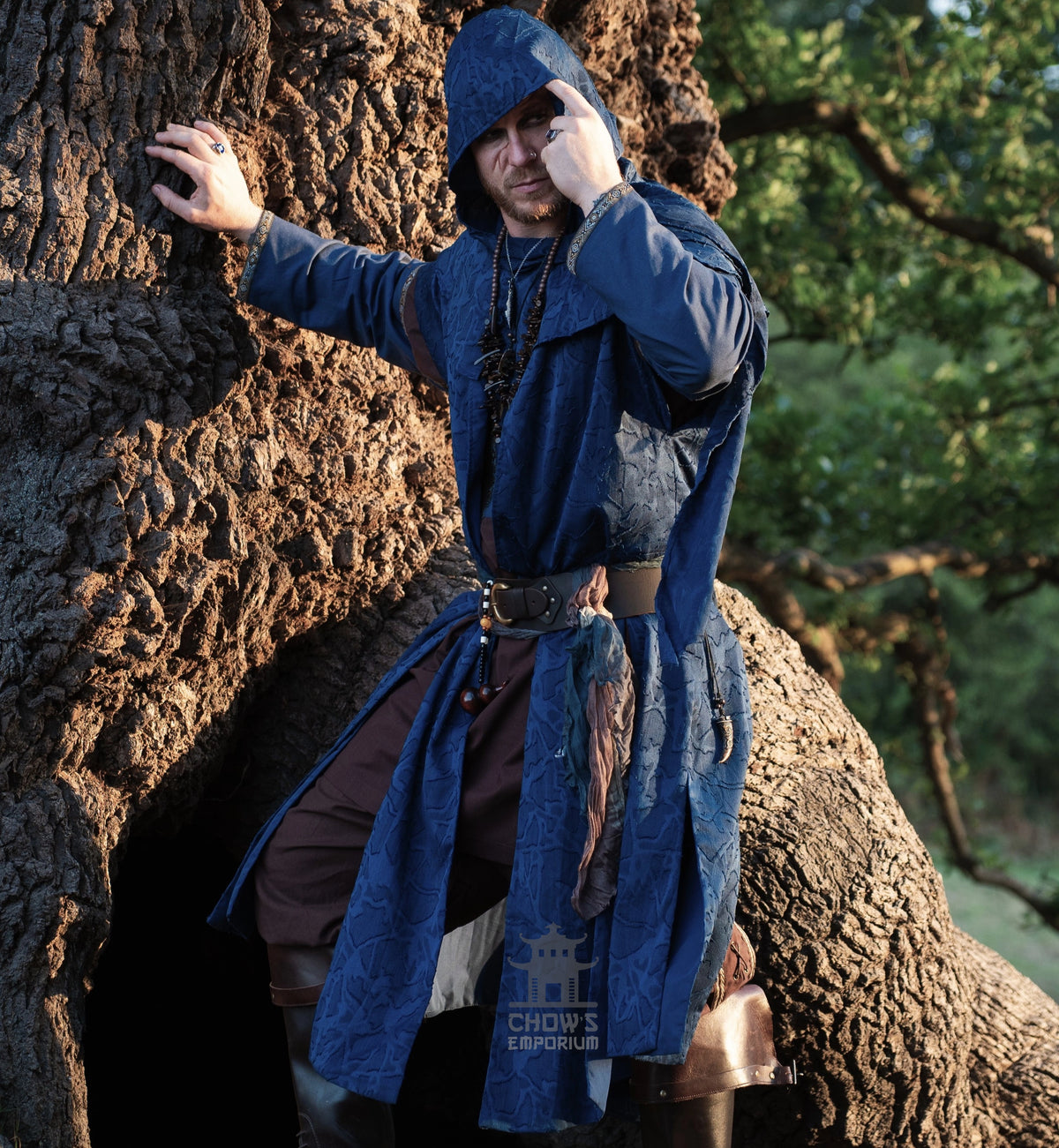 Blue Panelled Waistcoat &amp; Hood LARP Set, 2 Pieces (Waistcoat &amp; Scarf Hood)
