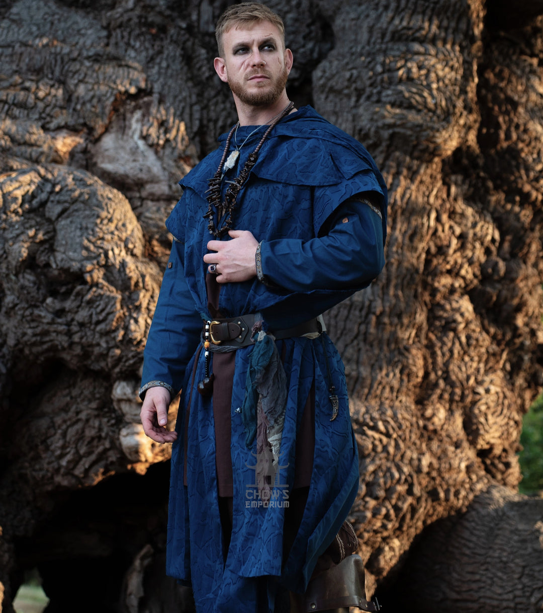 Blue Panelled Waistcoat &amp; Hood LARP Set, 2 Pieces (Waistcoat &amp; Scarf Hood)