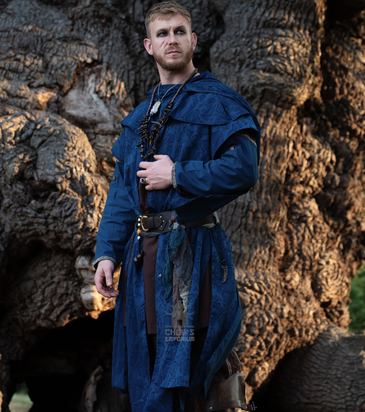 Blue Panelled Waistcoat &amp; Hood LARP Set, 2 Pieces (Waistcoat &amp; Scarf Hood)