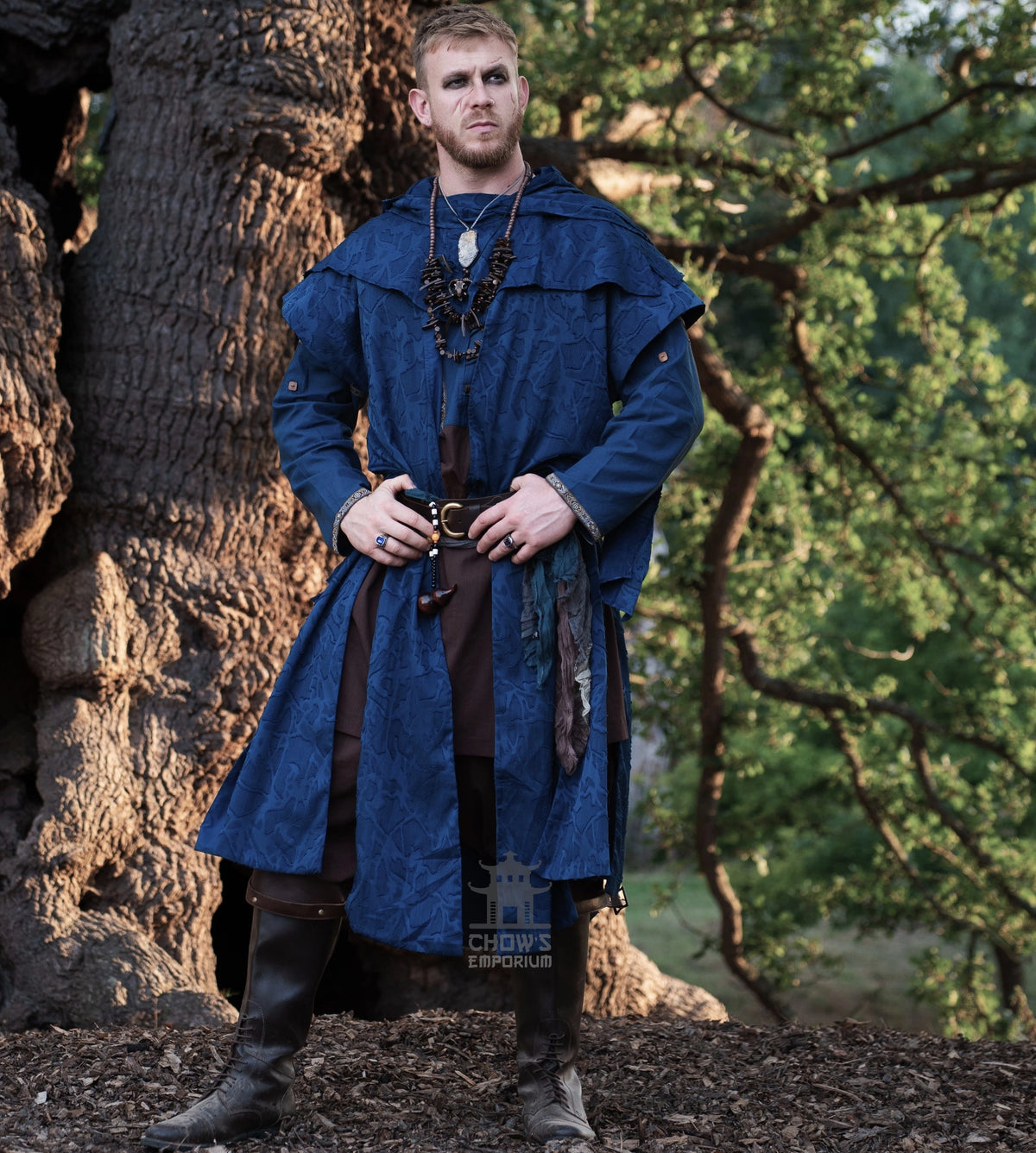 Blue Panelled Waistcoat &amp; Hood LARP Set, 2 Pieces (Waistcoat &amp; Scarf Hood)