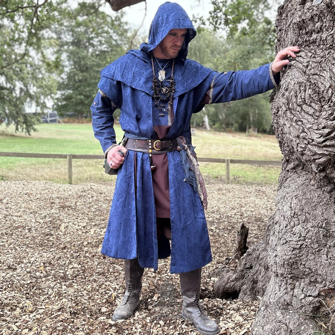 Blue Panelled Waistcoat &amp; Hood LARP Set, 2 Pieces (Waistcoat &amp; Scarf Hood)