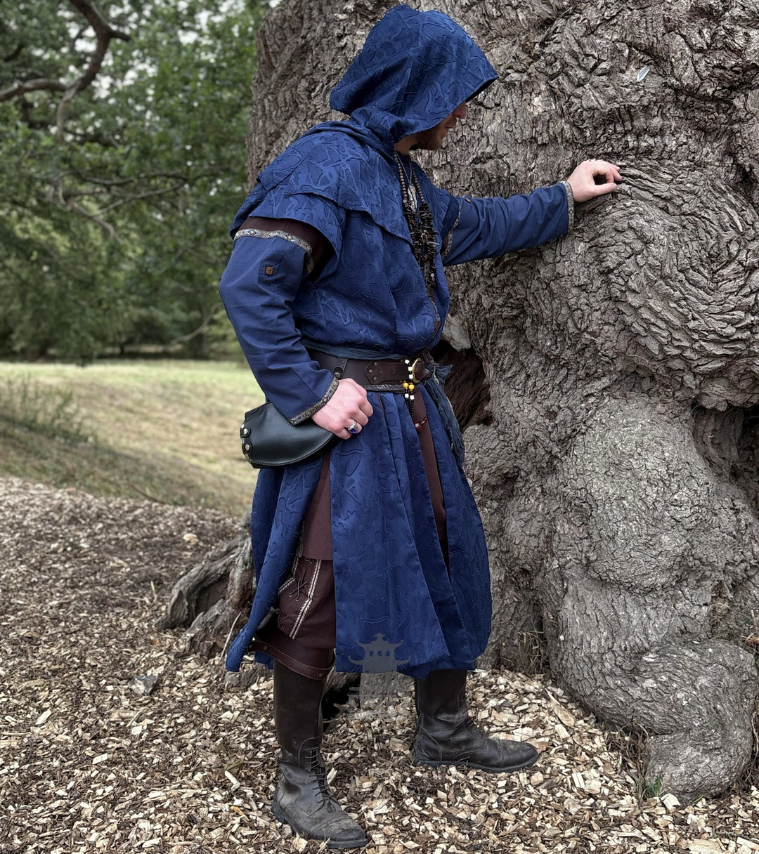 Blue Panelled Waistcoat &amp; Hood LARP Set, 2 Pieces (Waistcoat &amp; Scarf Hood)