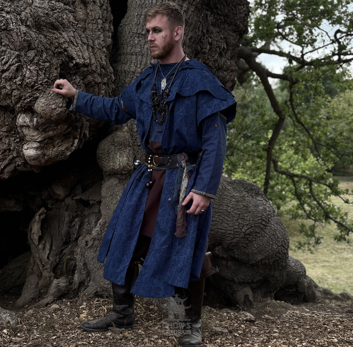 Blue Panelled Waistcoat &amp; Hood LARP Set, 2 Pieces (Waistcoat &amp; Scarf Hood)