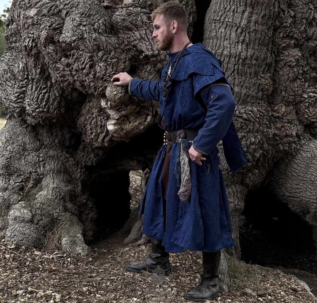 Blue Panelled Waistcoat &amp; Hood LARP Set, 2 Pieces (Waistcoat &amp; Scarf Hood)