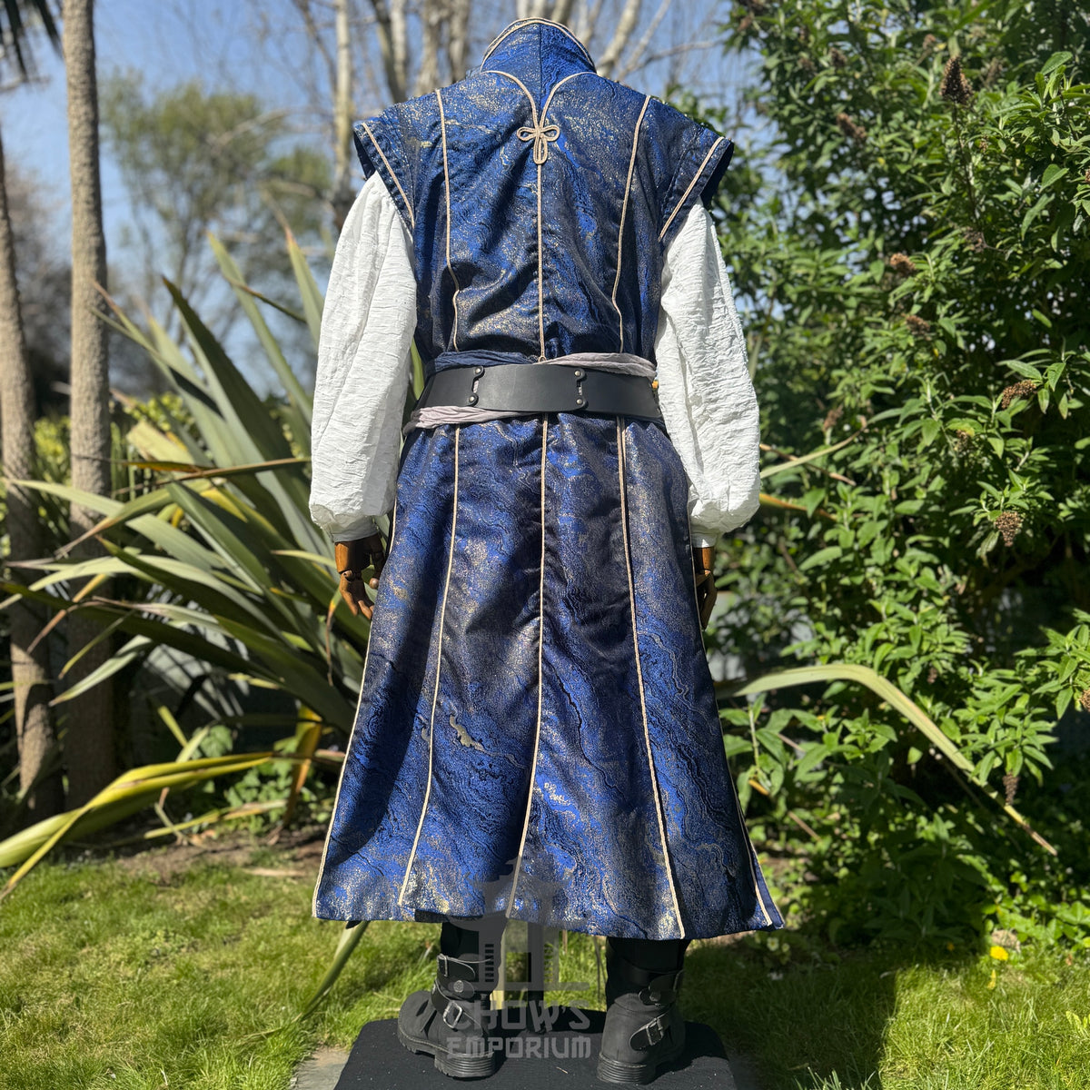 Back view of the blue and gold marble waistcoat worn over the white shirt, sorcerer LARP and cosplay costume
