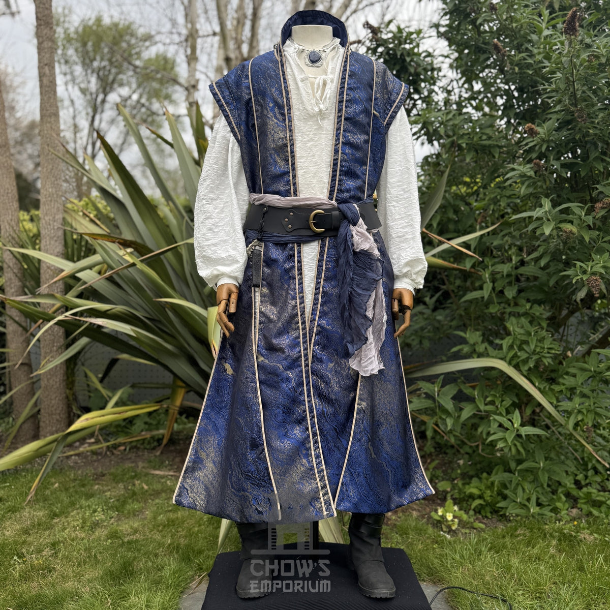Front view of the Cerulean Sorcerer outfit set, blue and gold marble waistcoat over a white shirt with navy sash, LARP costume for sorcerer and mage characters

