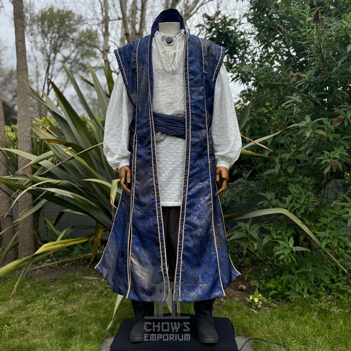 Front view of the Cerulean Sorcerer outfit set showing the high collar and multi-panel waistcoat, fantasy mage costume
