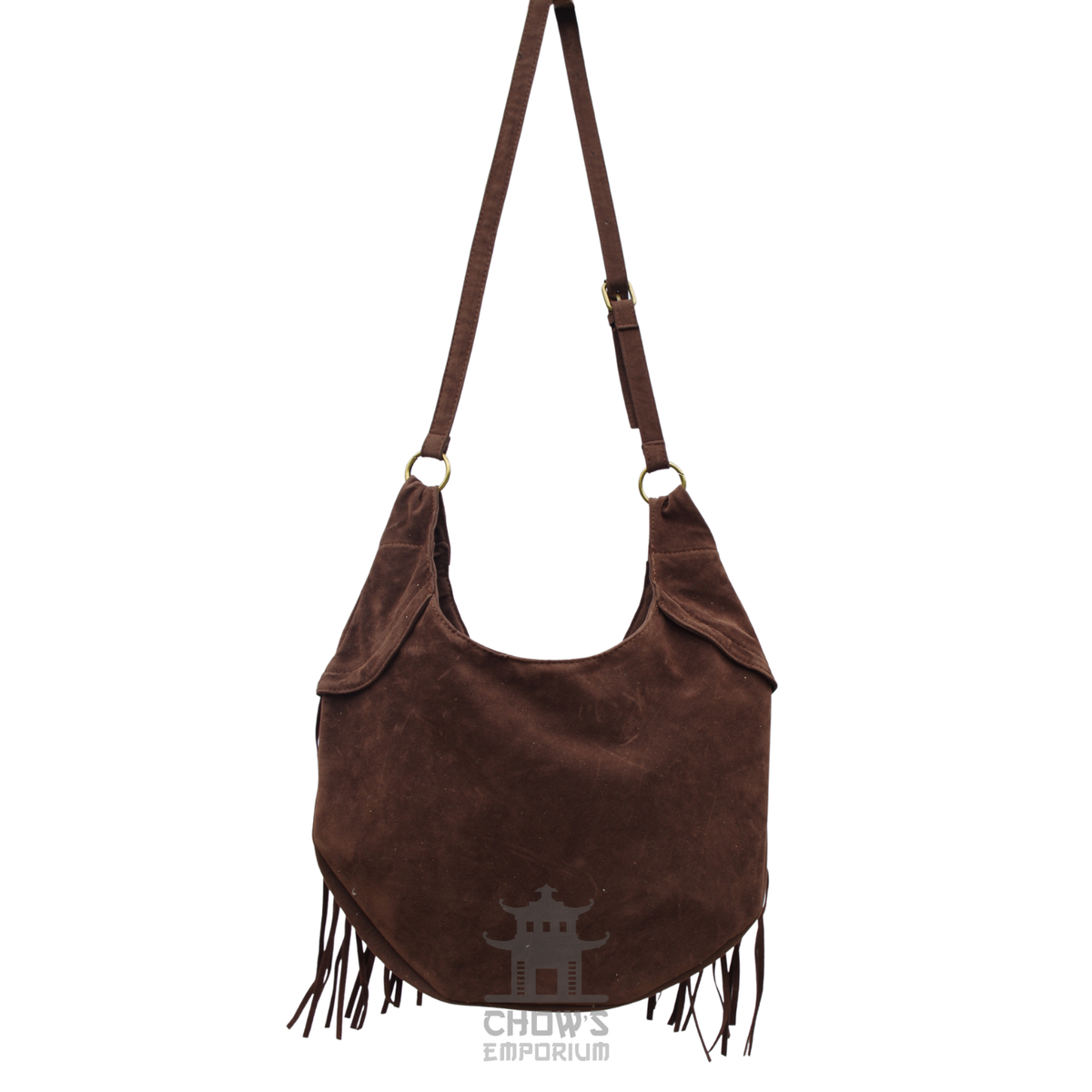 Brown Suede Fringe Shoulder Bag Large, medieval LARP hobo bag by Chows Emporium