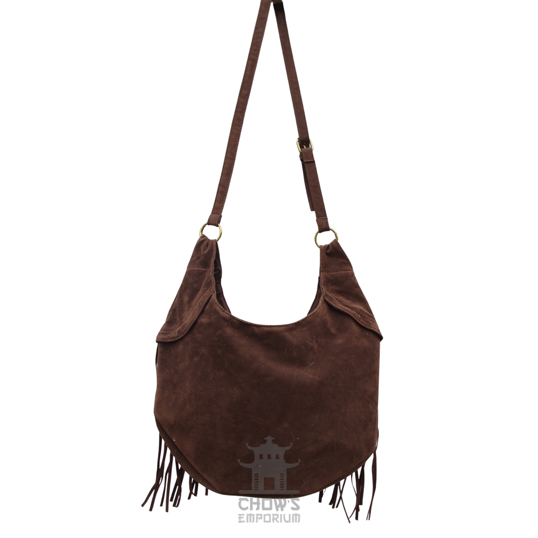 Brown Suede Fringe Shoulder Bag Large, medieval LARP hobo bag by Chows Emporium