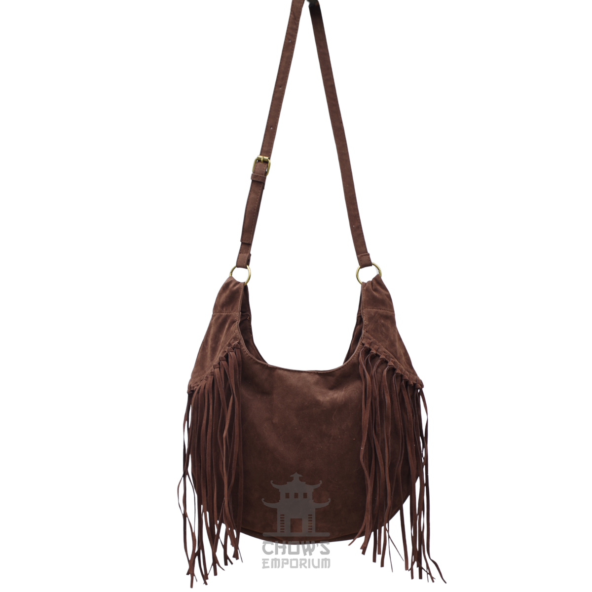 Brown Suede Fringe Shoulder Bag Large, side profile with fringe detail