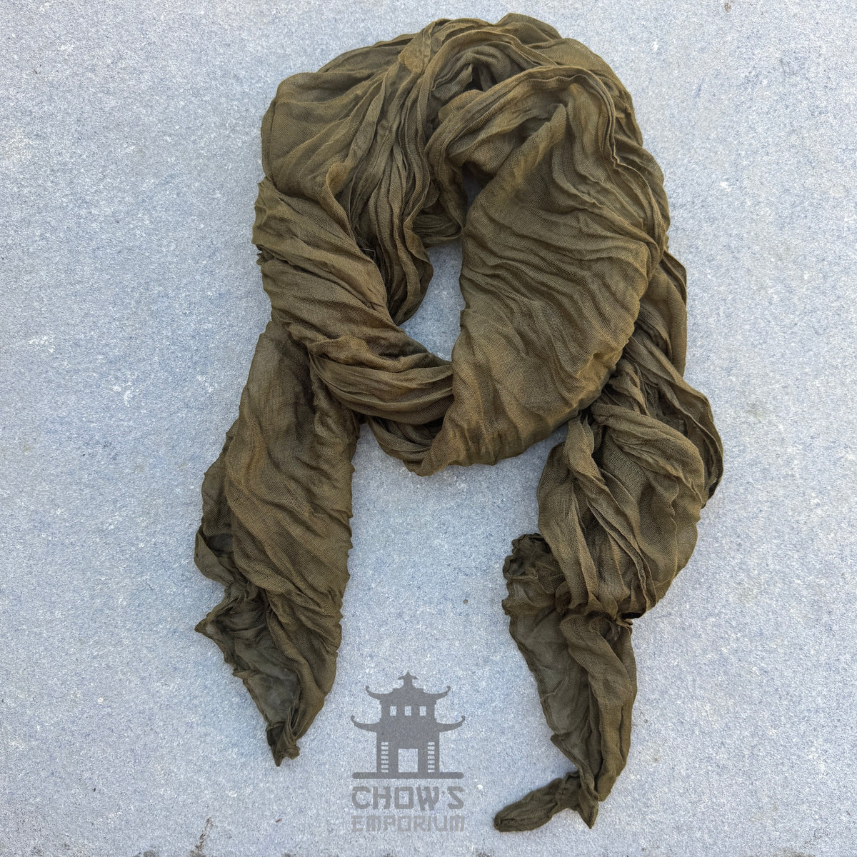 Cedar pirate sash tied and draped, plain olive green viscose