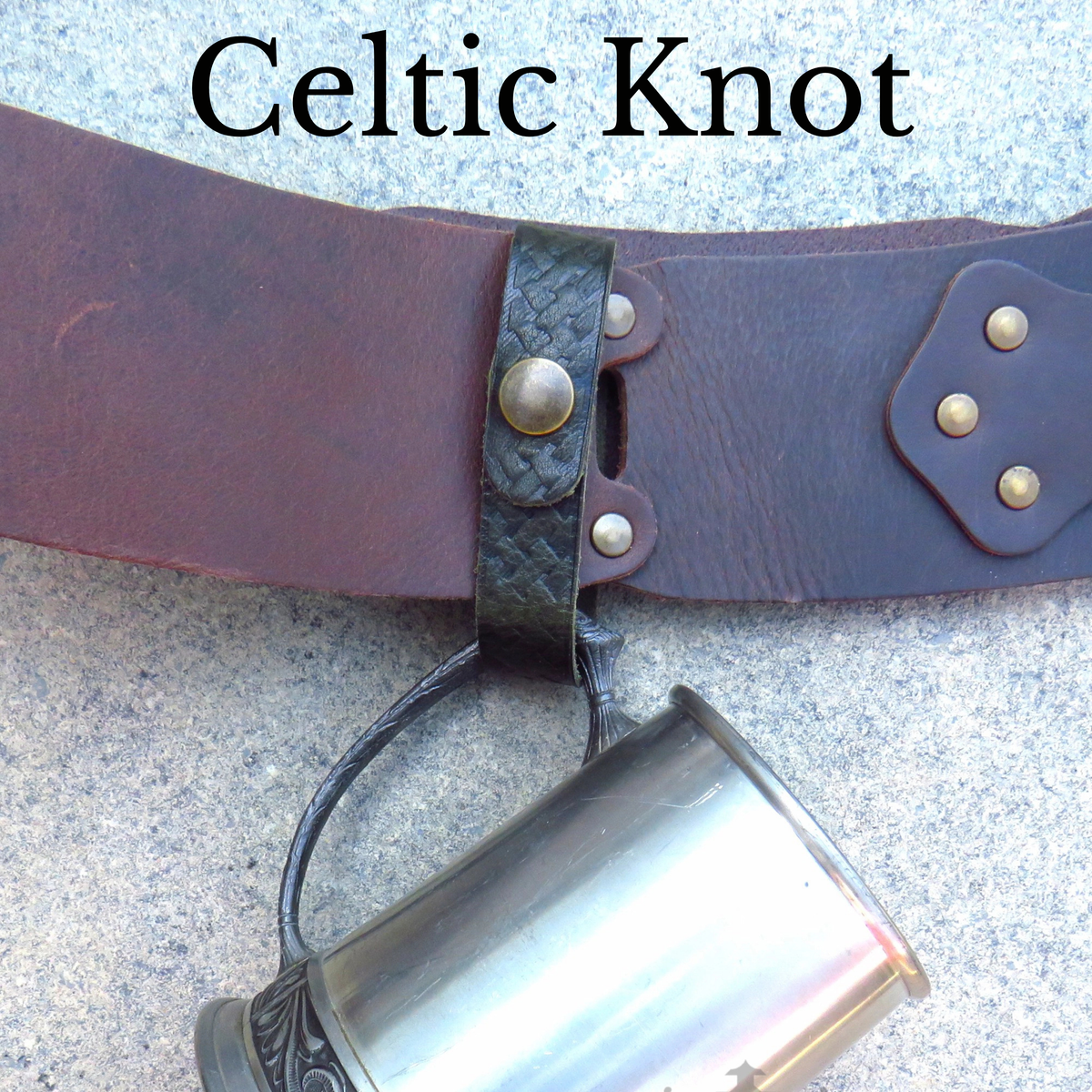 Dark brown leather tankard loop with Celtic knot embossing on a belt, tankard hanging