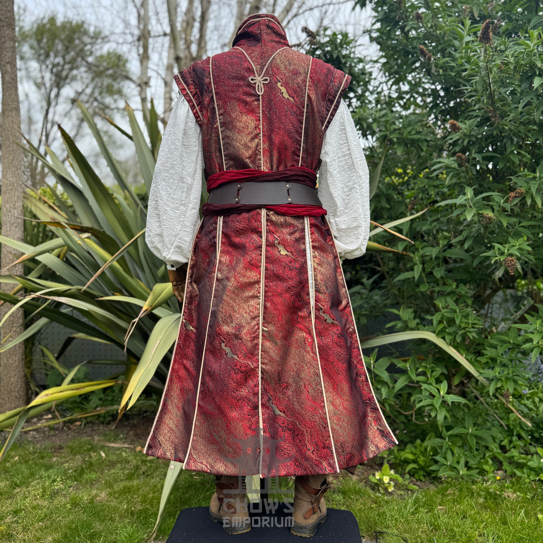 Back view of the crimson waistcoat set showing the full 55 inch length