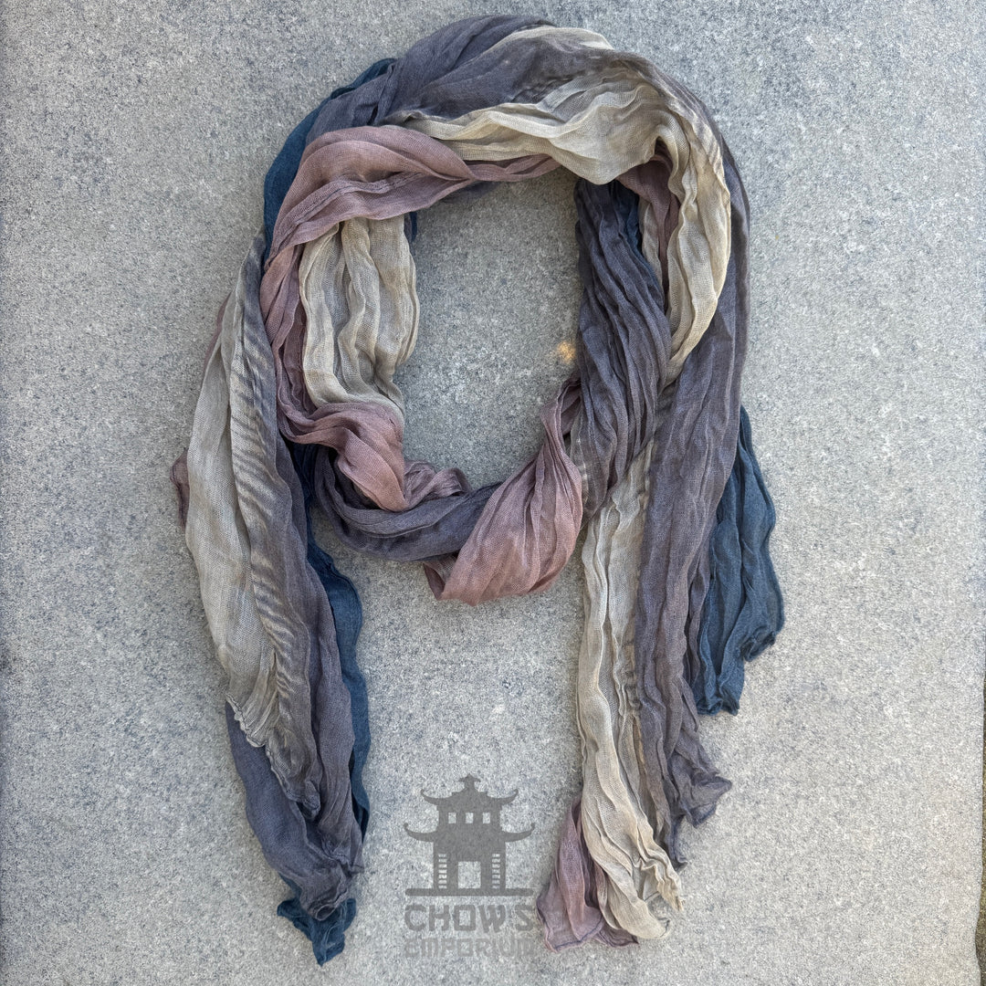 Drift pirate sash tied and draped, dusky blue, grey and mauve viscose