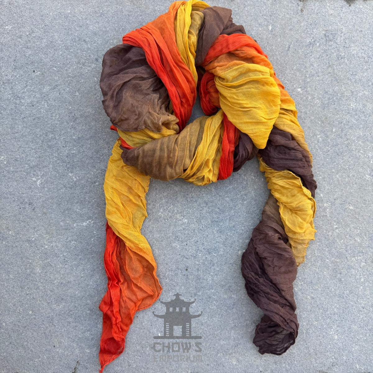Ember pirate sash tied and draped, brown, gold and orange viscose

