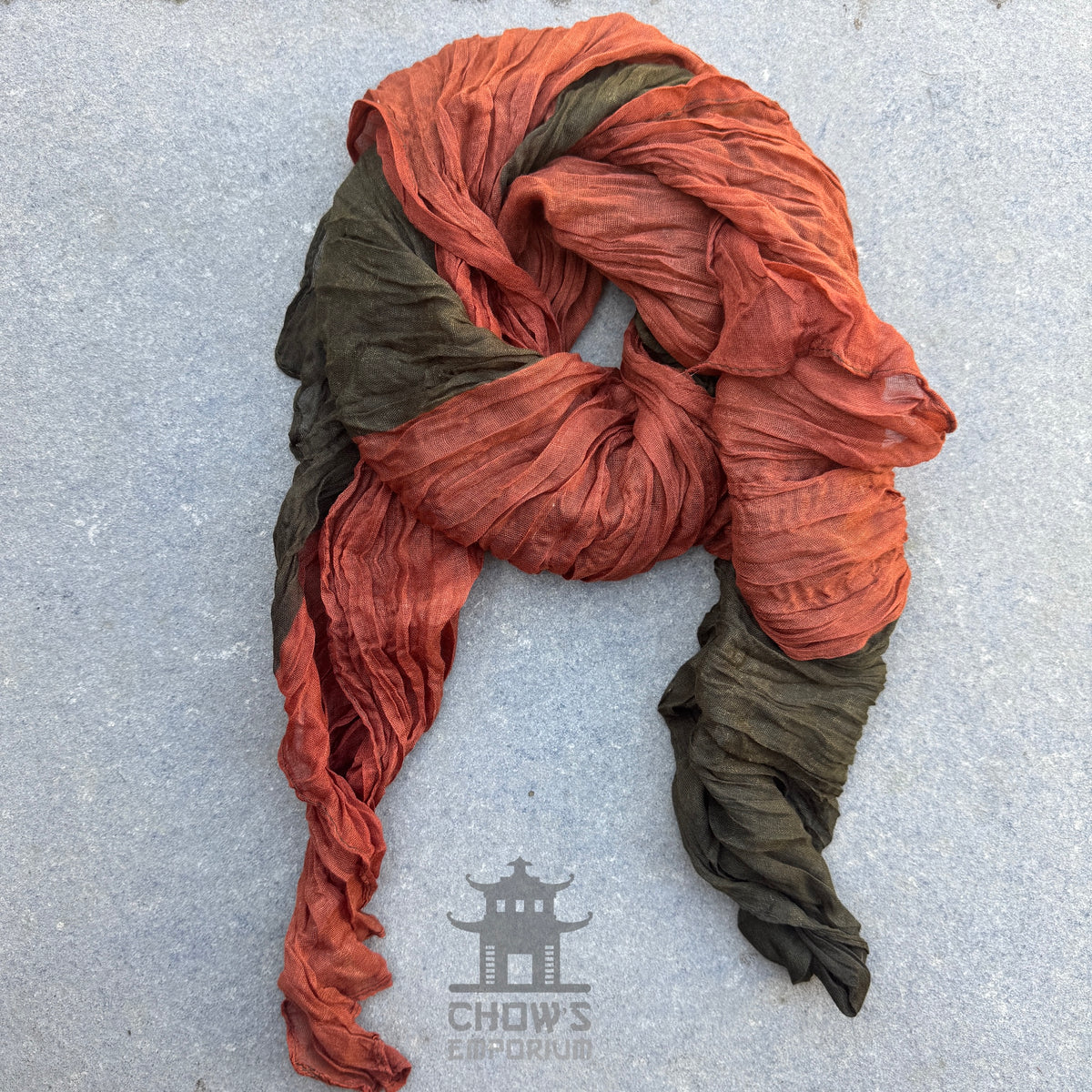 Emberwood pirate sash tied and draped, rust orange and olive green viscose
