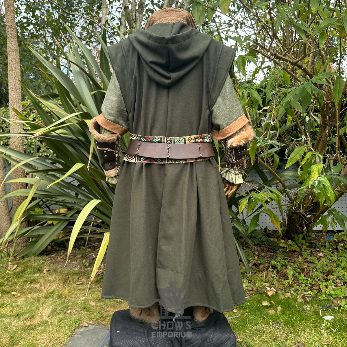 Medieval LARP outfit back view, featuring a green hooded robe, waistcoat, vambraces and sash.