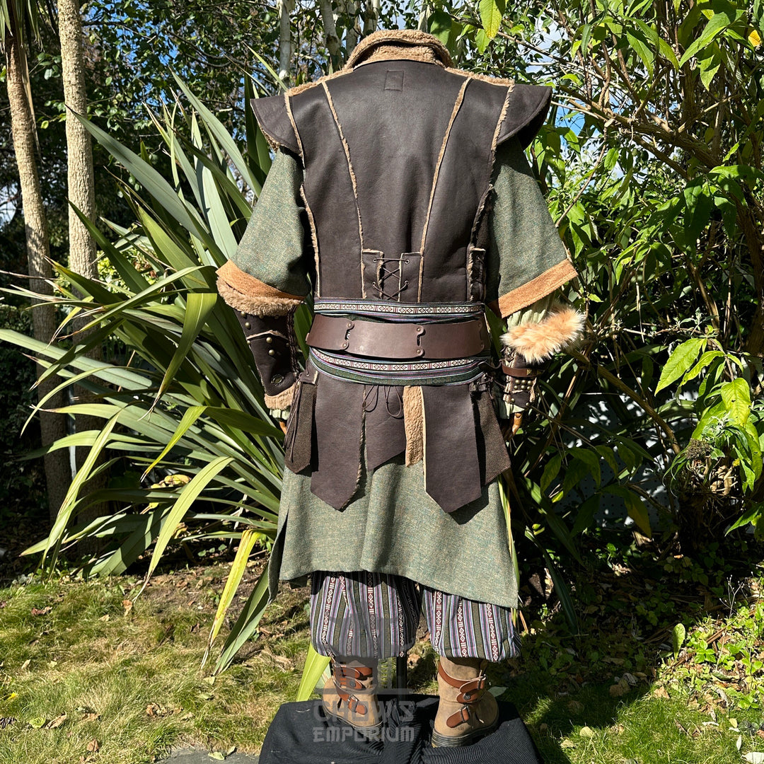 Medieval ranger LARP outfit, green robe, leather waistcoat, rear view.