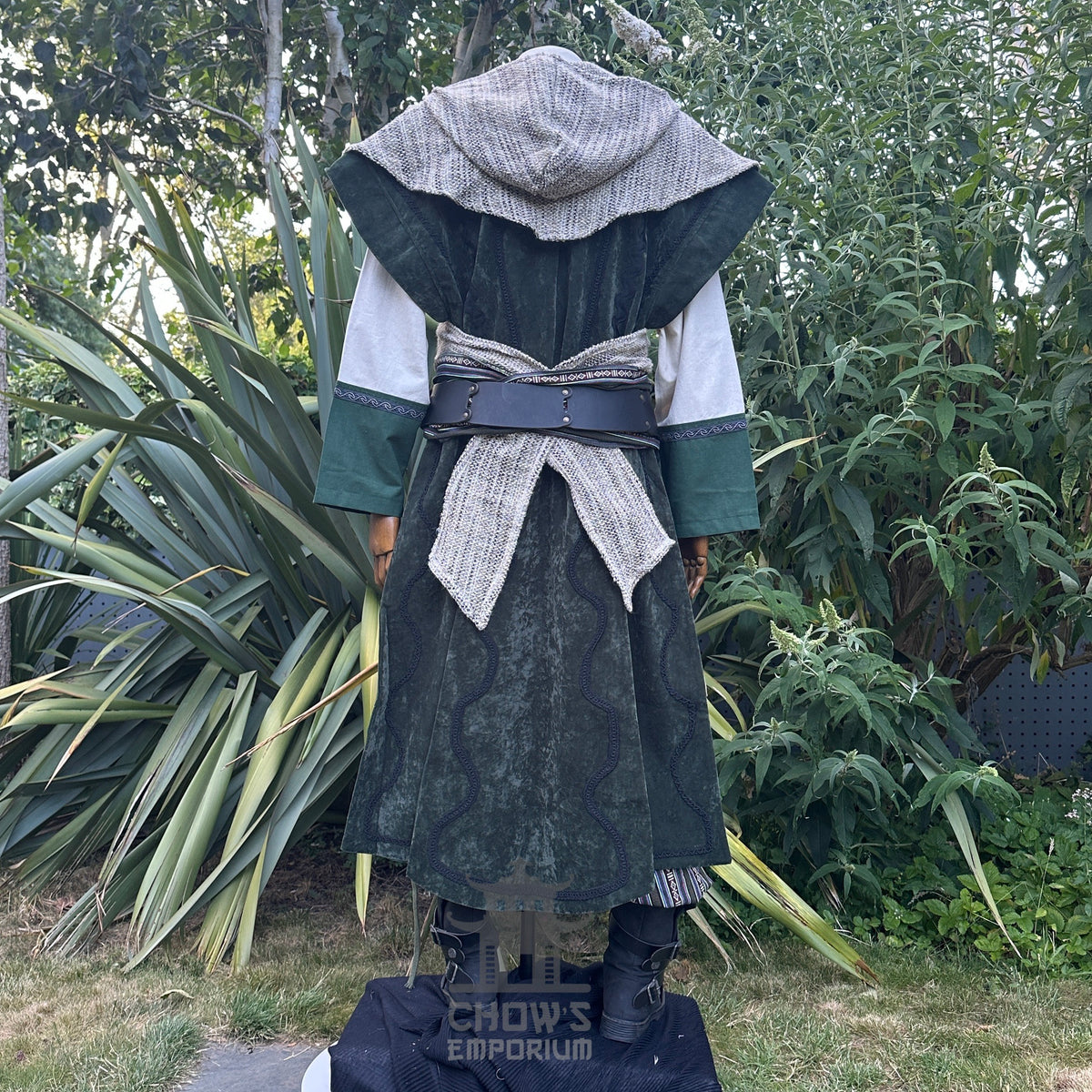 Back view of LARP medieval outfit with hood and belt.
