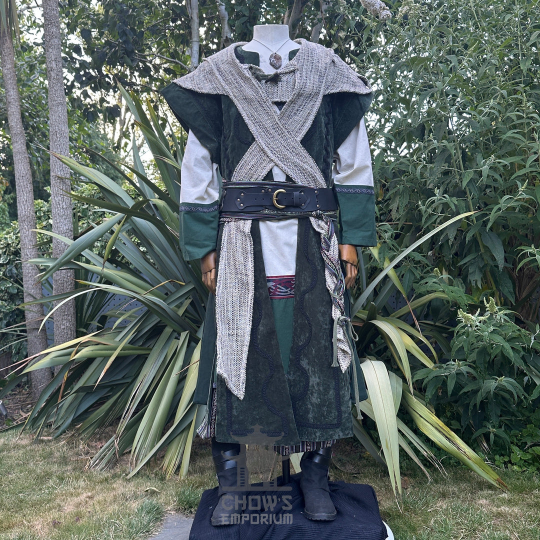 Medieval LARP costume angled with layered tunic, belt, and textured hood.