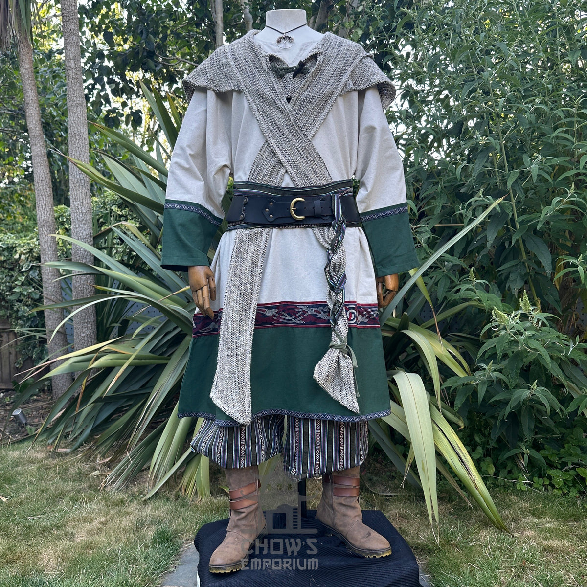 Medieval LARP outfit front view with layered tunic and braided belt.