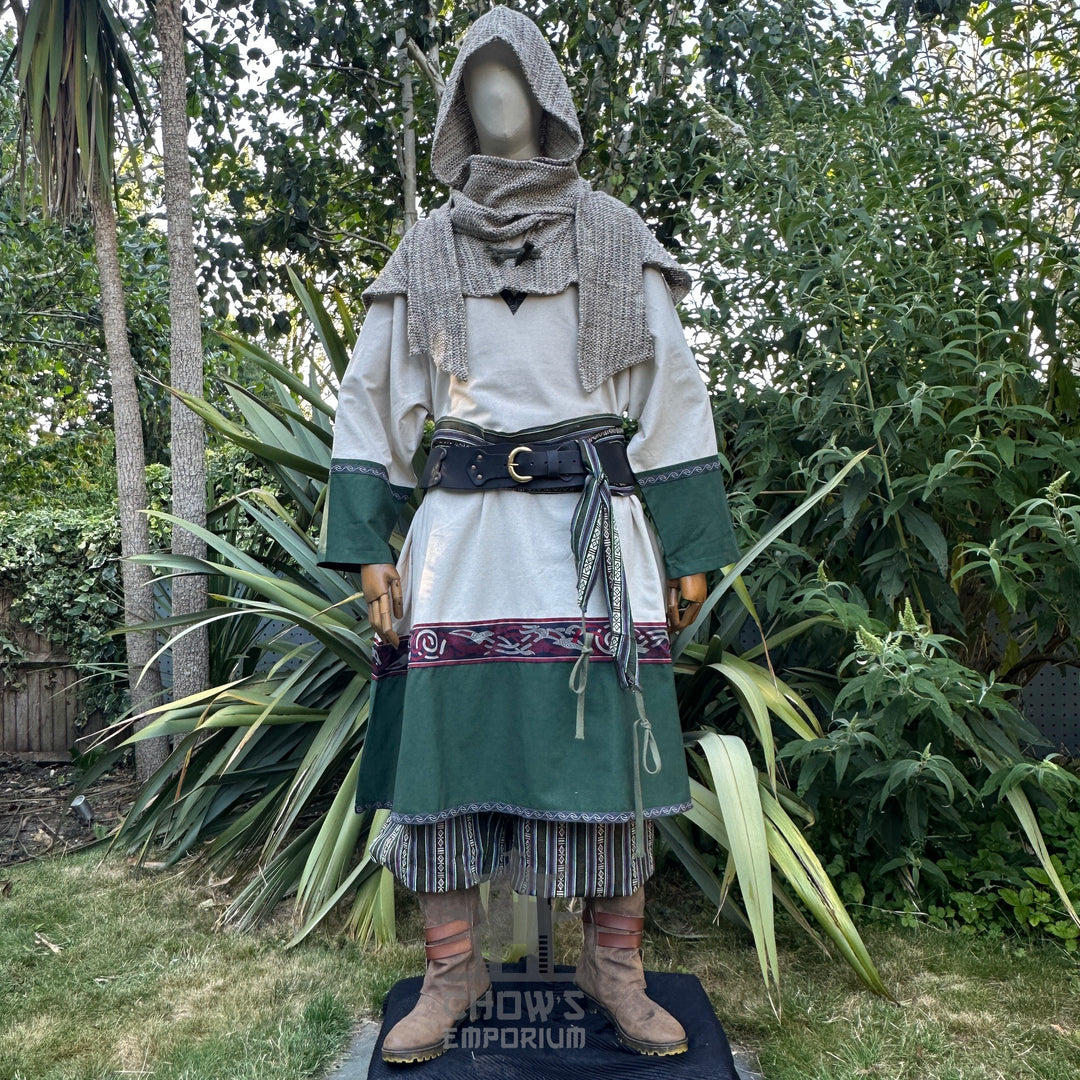 Medieval LARP attire with hood, tunic, belt, and layered trousers.