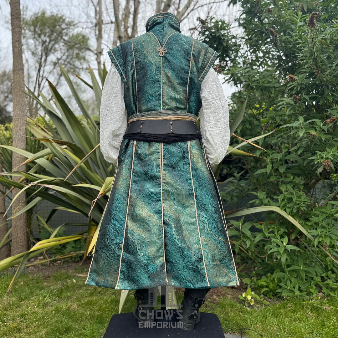 Back view of the Pirate Lord outfit set, green and gold marble waistcoat with the buffalo leather belt and sash at the waist over a white shirt, LARP and cosplay costume
