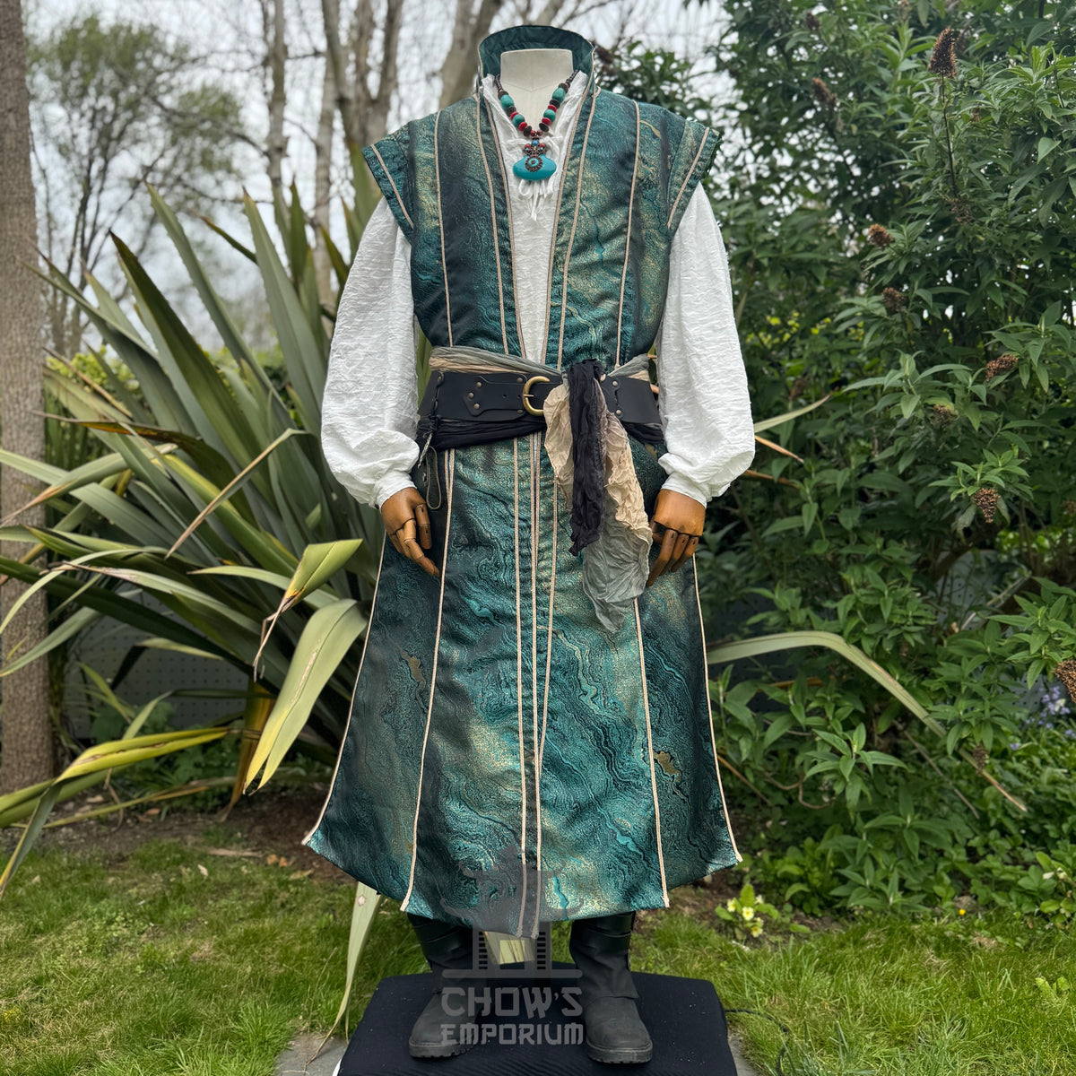Front view of the Pirate Lord outfit set, green and gold marble waistcoat over a white shirt with belt and sash, LARP costume for pirate and noble characters