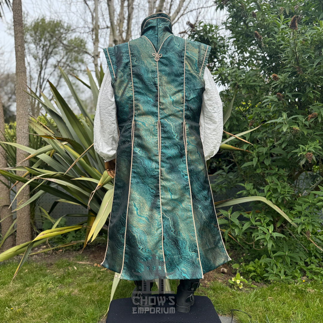 Back view of the Pirate Lord outfit set showing the full-length waistcoat drape, medieval LARP costume
