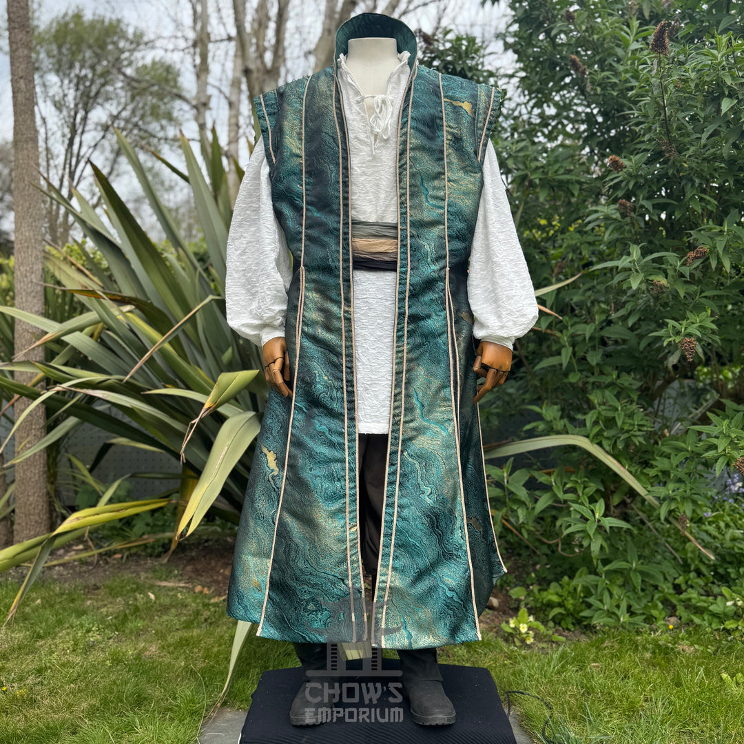 Front view of the Pirate Lord outfit set showing the high collar and multi-panel waistcoat, fantasy costume
