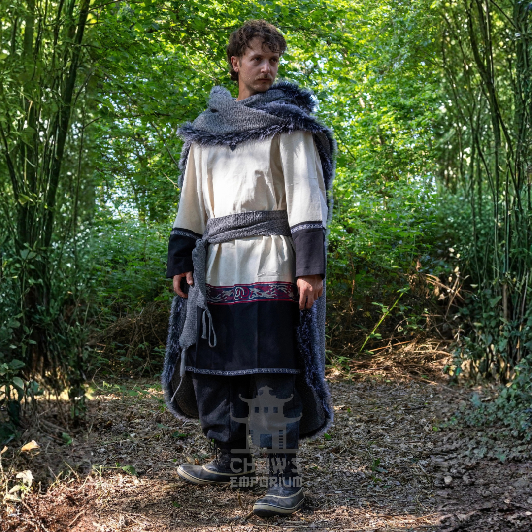 Grey Viking Fur-Trim Cape with Sash