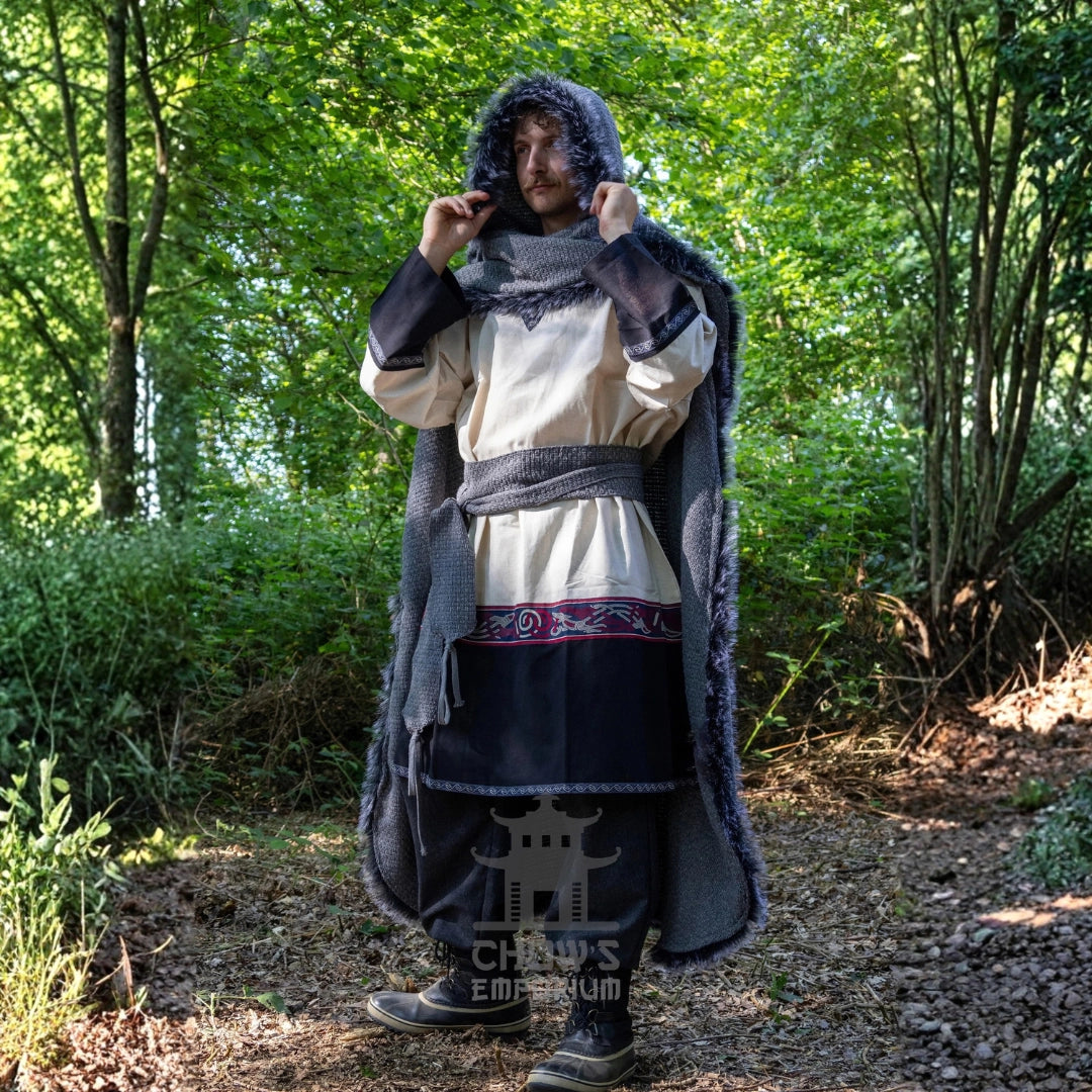 Grey Viking Fur-Trim Cape with Sash