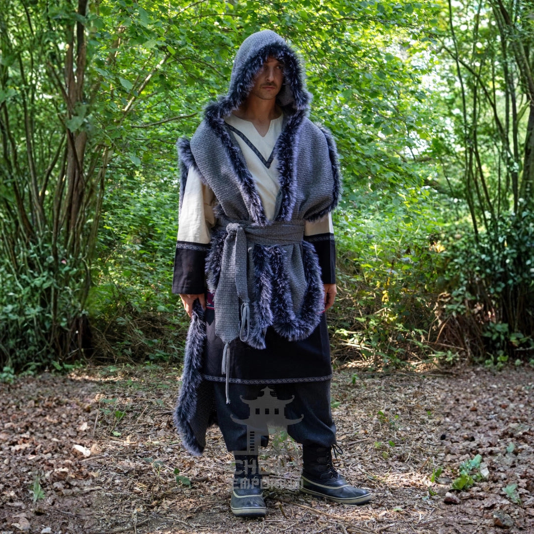 Grey Viking Fur-Trim Cape with Sash