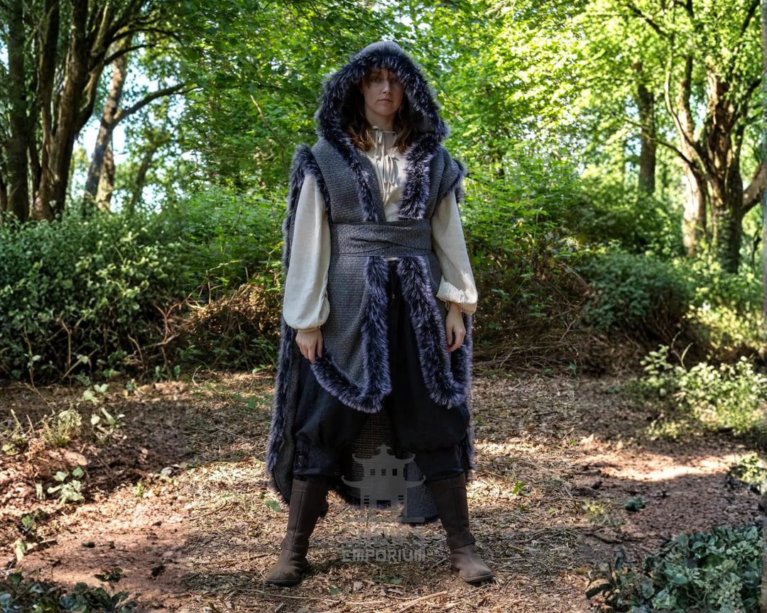 Grey Viking Fur-Trim Cape with Sash